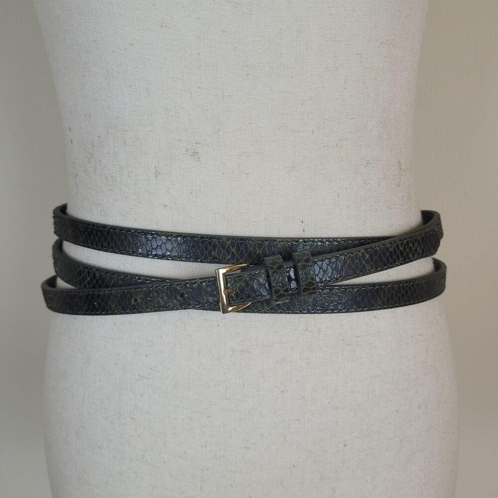 Banana Republic Belt Small Green Leather Snakeski Animal Print Thin Skinny Wrap‎